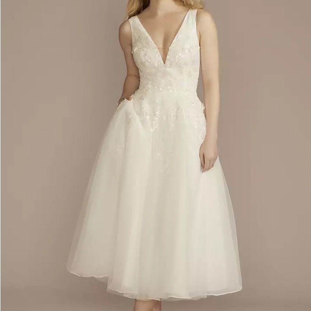 David’s Bridal Tea-Length Plunging Neckline Lace Wedding Dress